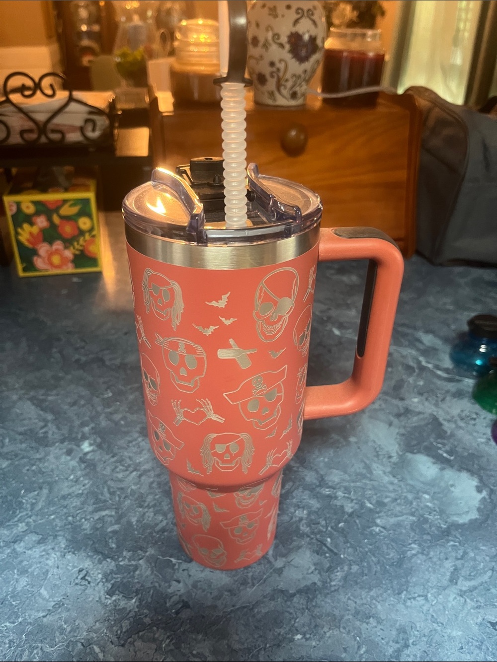 40 oz Insulated terra-cotta Skull Travel Mug with Handle and Straw